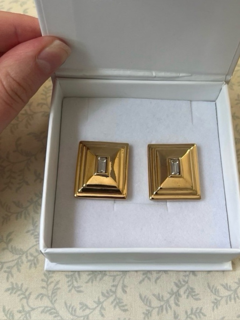 Heaven Mayhem gold + crystal “Plaza” earrings with branded box